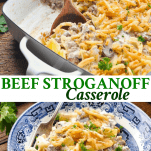 Long collage image of beef stroganoff casserole