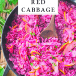 Overhead image of a skillet of braised red cabbage with a text title box at the top