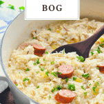 Wooden spoon in a pot of chicken bog with a text title box at the top