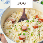 Front shot of a pot of chicken bog with a text title box at the top
