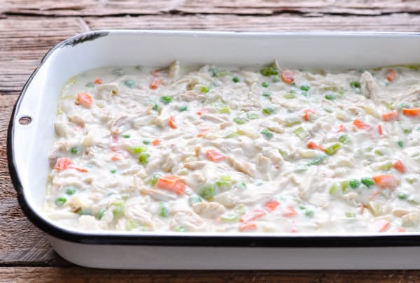 Filling for chicken and biscuits in a casserole pan