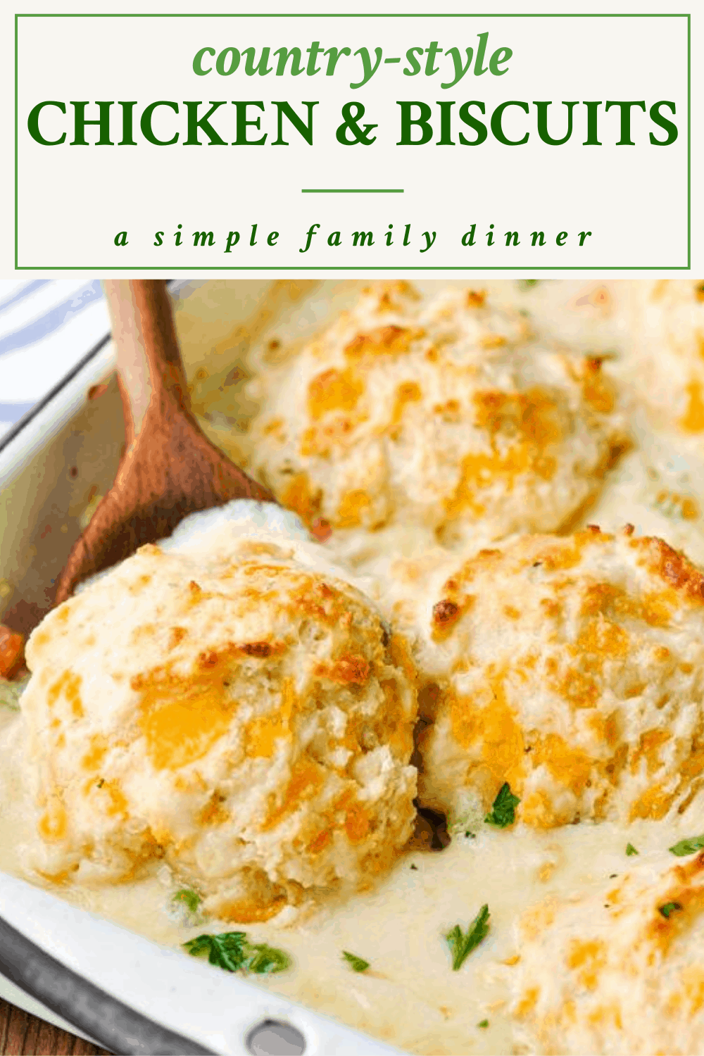 Close up shot of chicken and biscuits with a text title box at the top