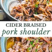 Long collage image of cider braised pork shoulder roast pulled pork