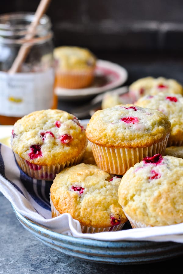 Front shot of cranberry muffins in a serving bowl