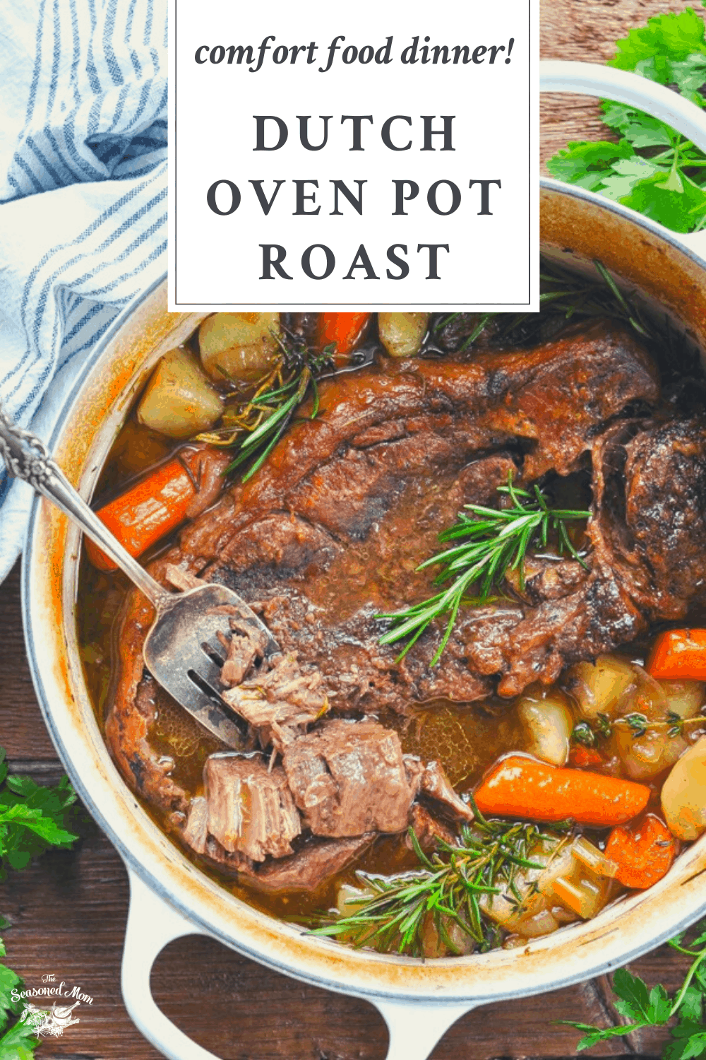 Overhead shot of Dutch Oven Pot Roast with a text title box at the top