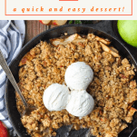 Overhead shot of easy apple crisp with text title box at top