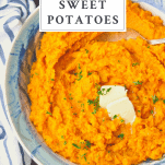 Overhead shot of a bowl of mashed sweet potatoes with a text title box at the top