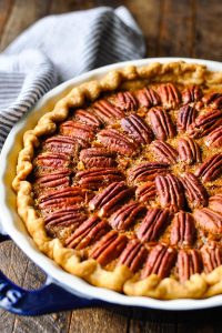 Close up side shot of an easy pecan pie recipe