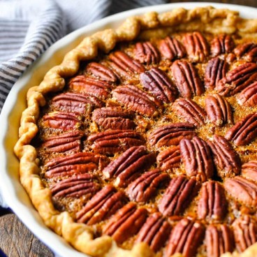 Close up side shot of an easy pecan pie recipe