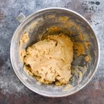 Overhead shot of a bowl of peanut butter cookie dough