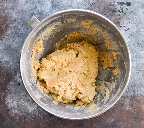 Overhead shot of a bowl of peanut butter cookie dough
