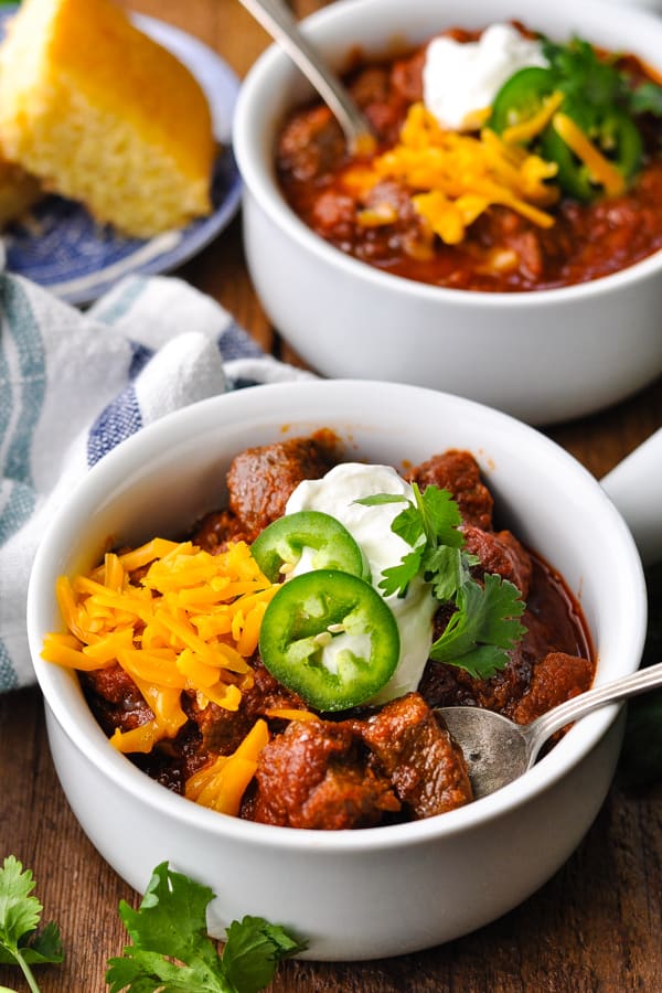 Front shot of two bowls of thick texas chili recipe