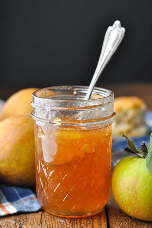 Front shot of a jar of spiced apple pear jam