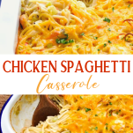 Long collage image of chicken spaghetti casserole