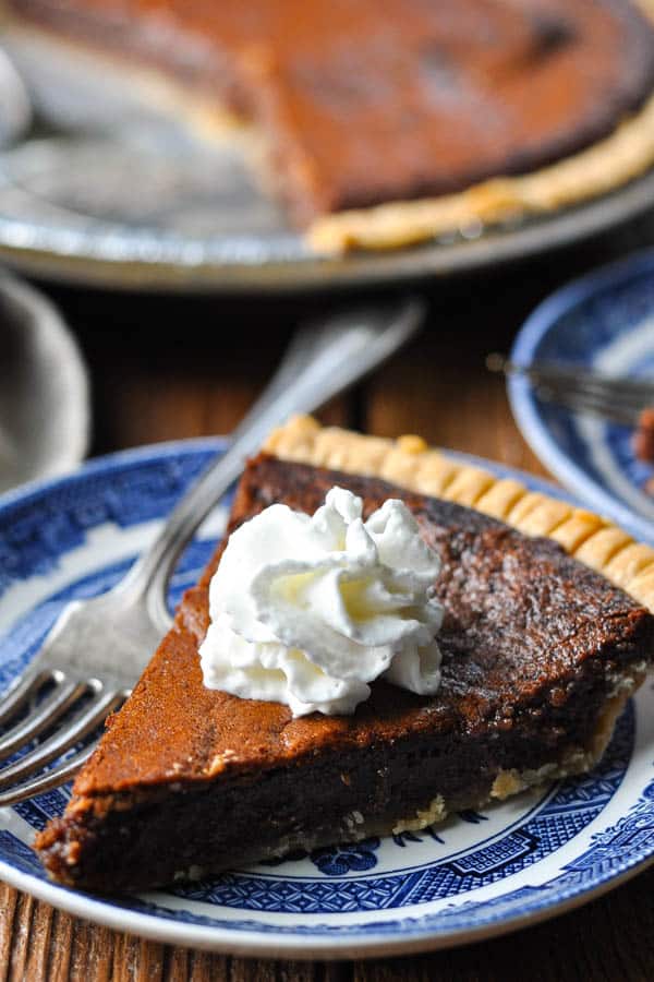 Front shot of a slice of chocolate chess pie