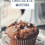 Close up shot of a chocolate chocolate chip muffin on a plate with text title box at the top