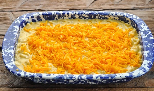 Mac and cheese in casserole dish before baking