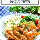 Crock Pot smothered pork chops with text title box at top.