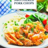 Crock Pot smothered pork chops with text title overlay.