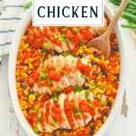 Overhead shot of a dish of salsa chicken with text title box at the top