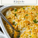Close up shot of an easy chicken casserole recipe with a text title box at the top