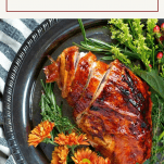 Overhead shot of an easy maple-glazed roasted turkey breast on a serving platter with text title box at top