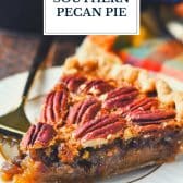 Easy pecan pie recipe with text title overlay.