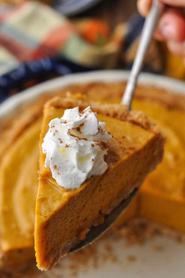 Close up shot of a slice of pumpkin chiffon pie with whipped cream on a serving spatula