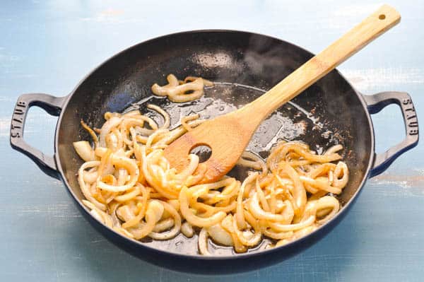 Sauteed onions in a cast iron skillet