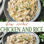 Long collage image of slow cooker chicken and rice