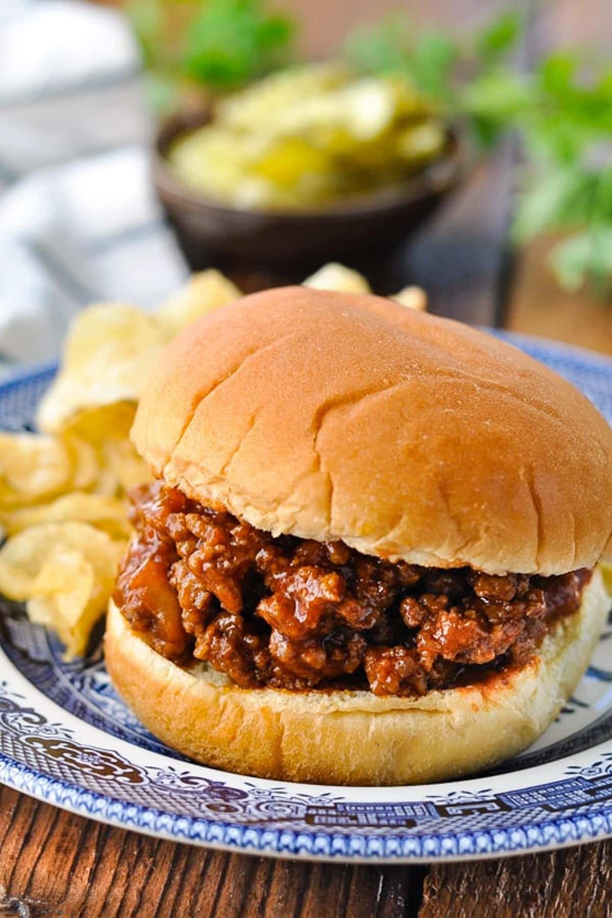 Side shot of homemade sloppy joes on a blue and white plate.