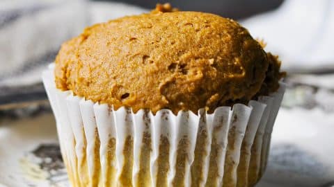 Close up square shot of 2 ingredient pumpkin muffins with cake mix.