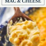 Spoonful of baked mac and cheese with text title box at top