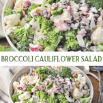 Long collage image of broccoli cauliflower salad