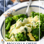 Bowl of velveeta broccoli and cheese with a text title overlay