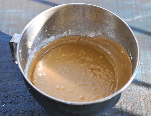 Homemade caramel frosting in a mixing bowl