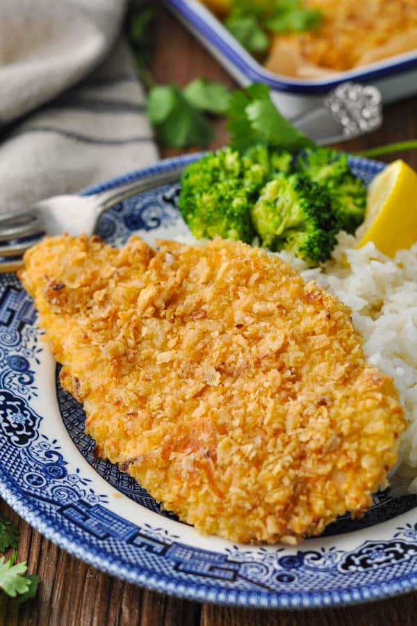 Close up image of a large chicken breast cutlet with french fried onions on a blue and white plate