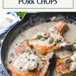 Text title box over an image of cream of mushroom pork chops
