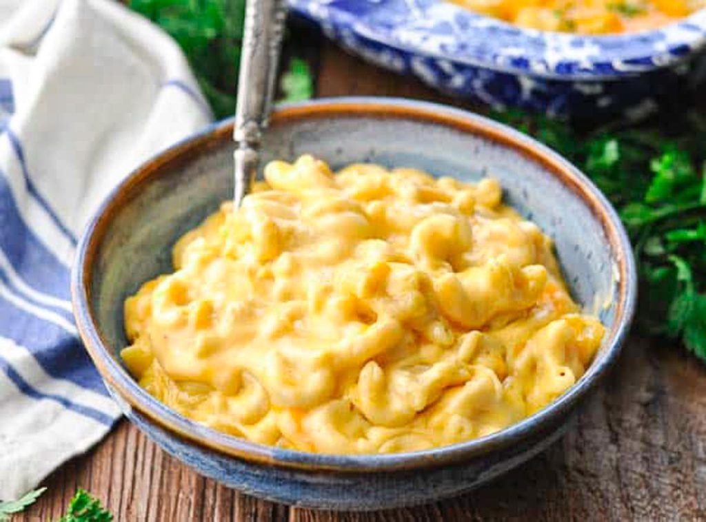 Horizontal shot of a bowl of the best mac and cheese recipe