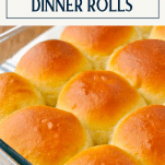 Pan of easy homemade dinner rolls with text title box at top