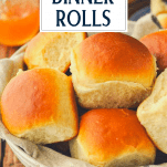 Basket of dinner rolls with text title box at top