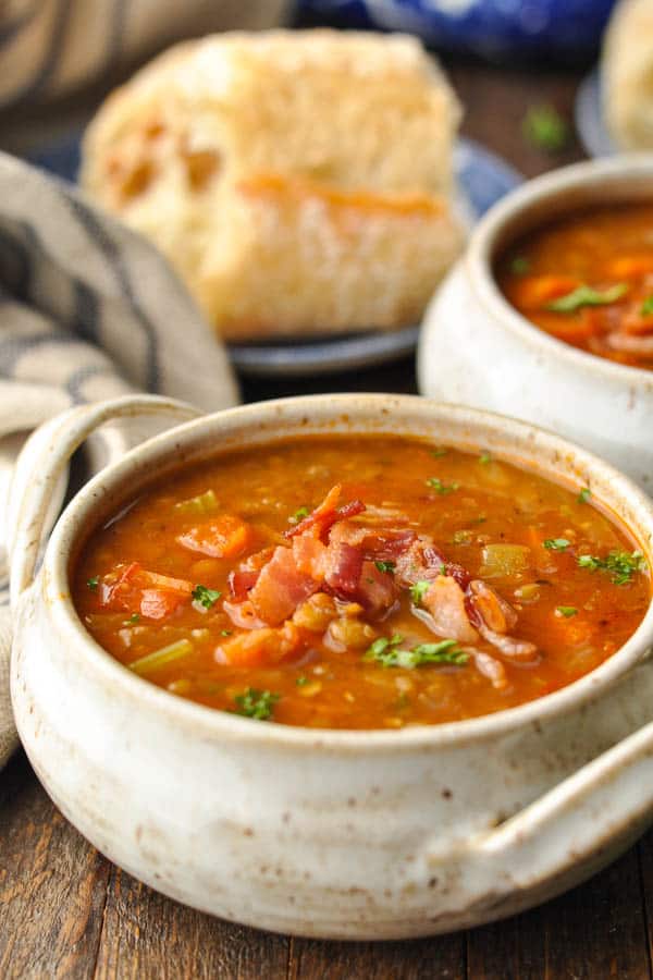 Side shot of a bowl of easy lentil soup