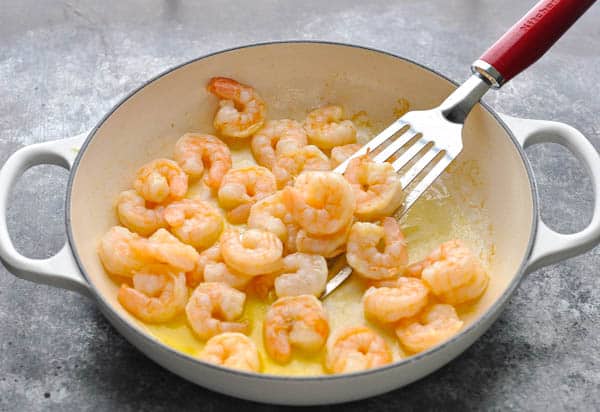 Cooked shrimp in a skillet
