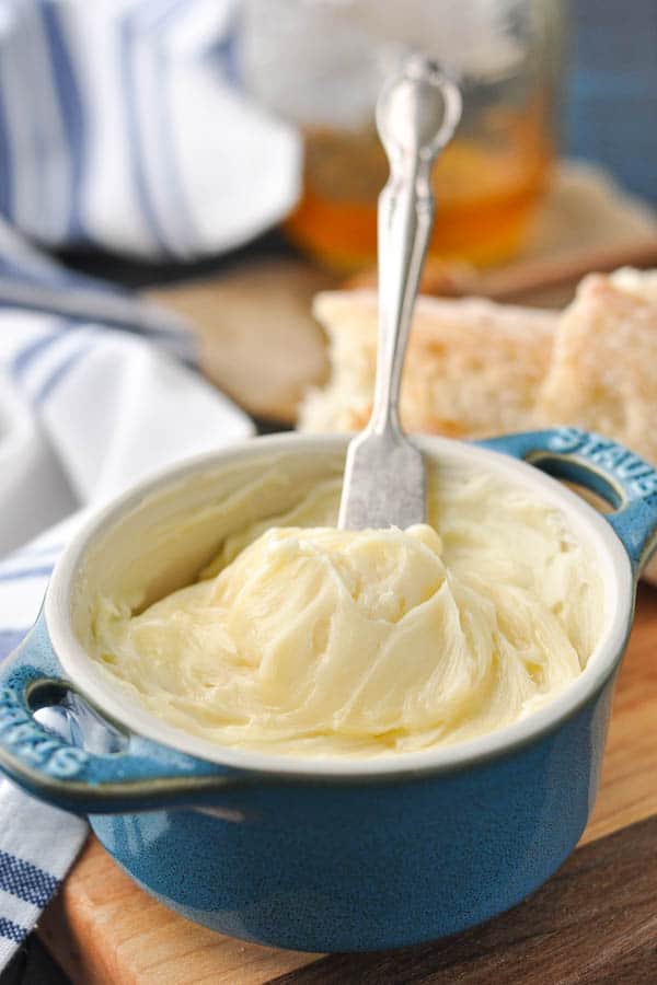 Easy honey butter recipe stored in a blue dish