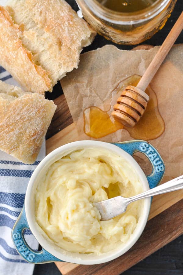 Overhead image of a bowl of whipped honey butter