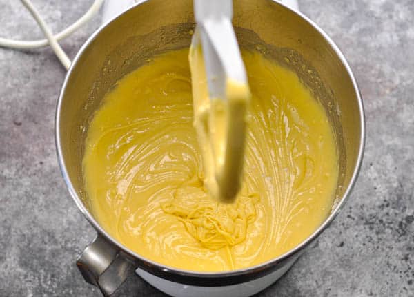 Mixing rum cake batter in a stand mixer