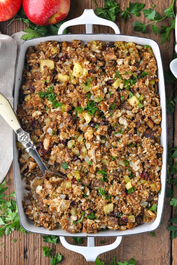 The best sausage stuffing in a white casserole dish for Thanksgiving