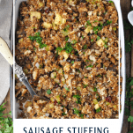Overhead shot of sausage stuffing with text overlay