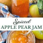 Long collage image of spiced apple pear jam.