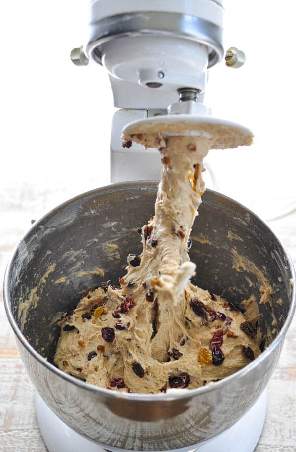 Stollen bread dough in a stand mixer